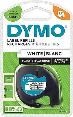 Dymo LetraTag Tape 12mmx4m , Black On White Plastic Label - S0721660