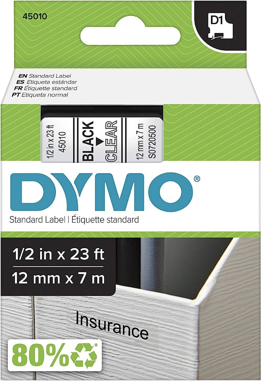 DYMO Standard D1 45010 Labeling Tape Black Print on Clear Tape - 12mmx7mm | S0720500