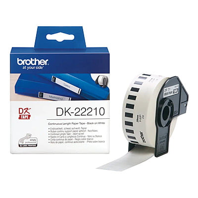 Brother DK-22210 Continuous Paper Label Roll – Black on White, 29mm wide