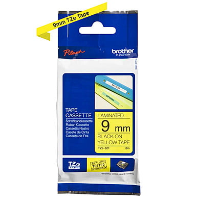 Brother TZe-621 Labelling Tape Cassette – Black on Yellow, 9mm wide