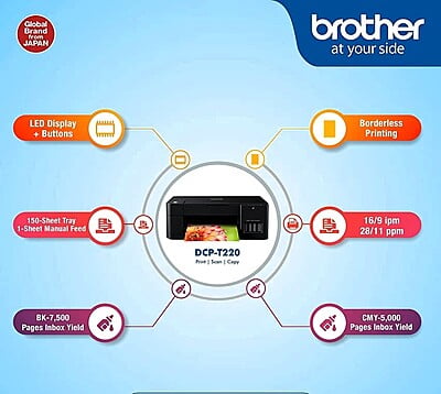 Brother Ink Tank Printer, DCP-T220 - USB - Print, Scan and Copy. High Yield Ink Bottles