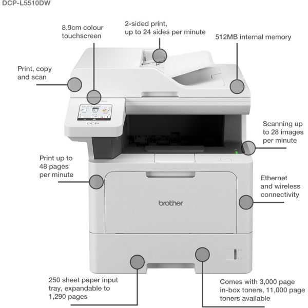 Brother DCP-L5510DW Wireless Professional 3-in-1 Mono Laser Printer with Duplex, ADF & Wi-Fi - Image 3