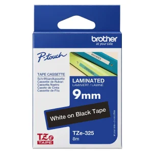 Brother TZe-325 Labelling Tape Cassette – White on Black, 9mm wide