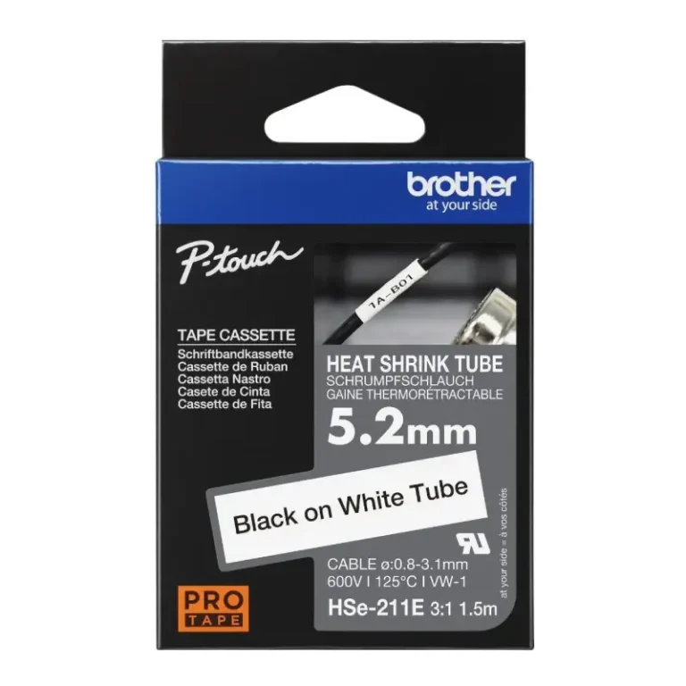 Brother HSe-211E 5.2mm Heat-Shrink Tube Tape Black on White UAE