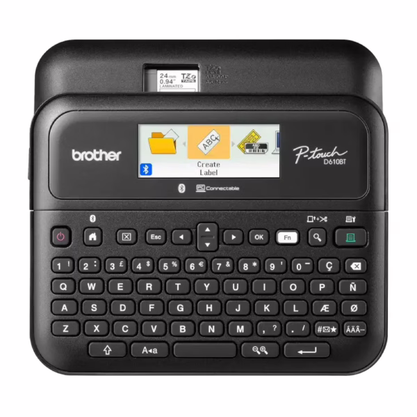 Brother PT-D610BT label printer front view with color display
