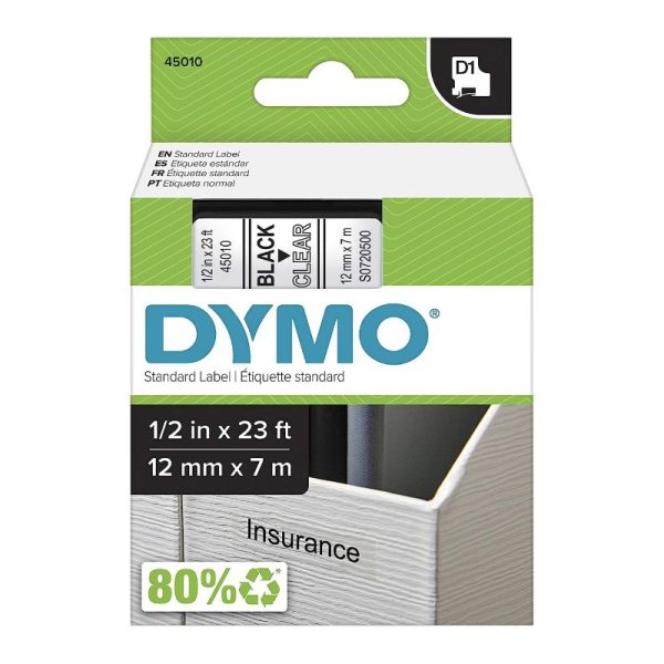 DYMO Standard D1 45010 Labeling Tape Black Print on Clear Tape - 12mmx7mm | S0720500
