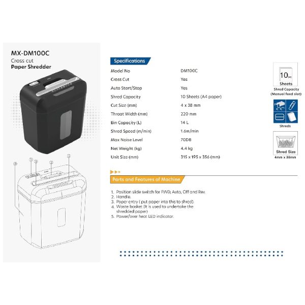 Maxi DM-100C Paper Shredder 10-Sheet Cross-Cut, 14 Litres Shredder for Home and Office - Image 3