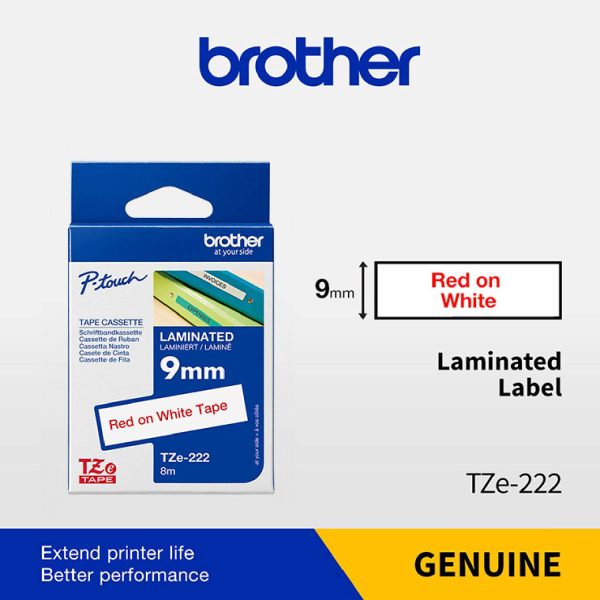 Brother P-touch TZE222 | 9mm Red Print on White Laminated Tape - Image 3