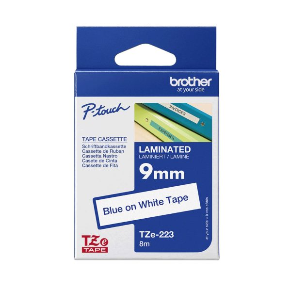Brother P-touch TZE223 | 9mm Blue Print on White Laminated Tape
