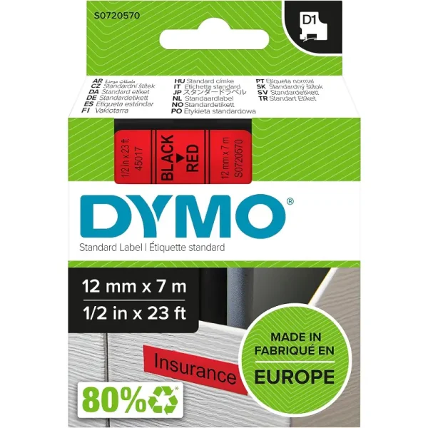 DYMO Standard D1 45017 Labeling Tape Black Print on Red Tape – 12mmx7mm | S0720570