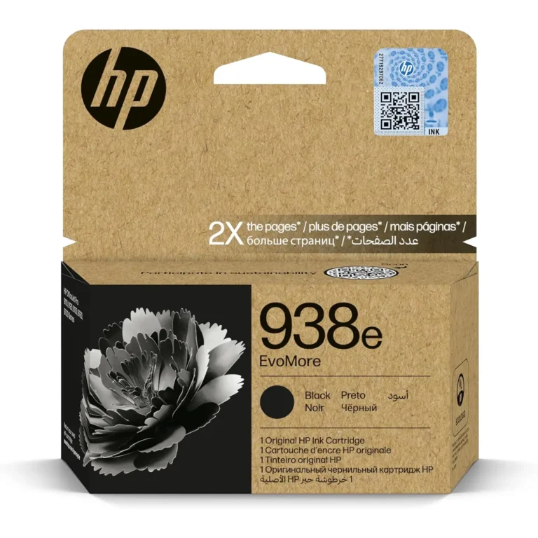 HP 938e EvoMore Black high‑capacity ink cartridge 4S6Y2PE front package with brown eco packaging.