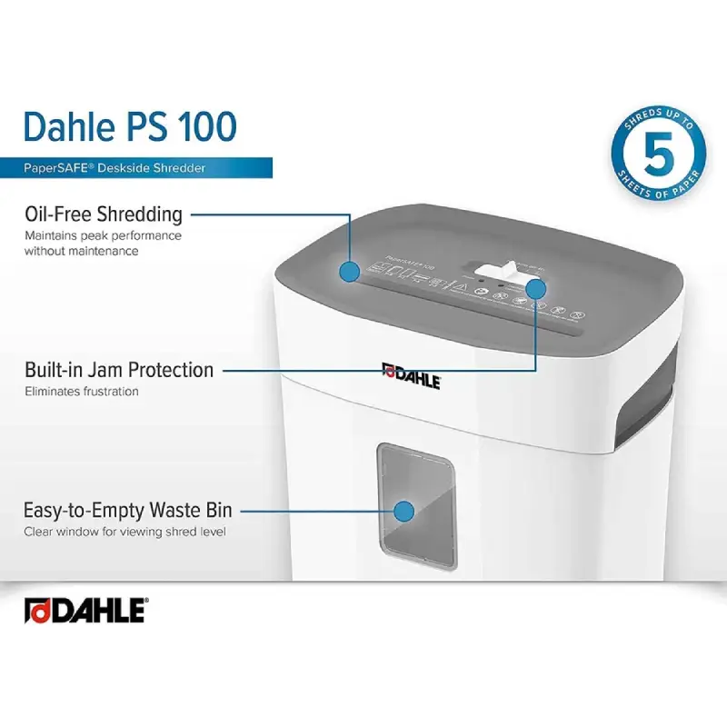 DAHLE PaperSAFE PS100 Cross-Cut Paper Shredder – P-4, 5 Sheets, 5 × 18 mm, 12L Bin - Image 4